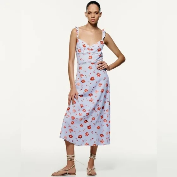 NWOT Zara Linen Blend Floral Midi Dress, Light Blue, Small - Picture 1 of 10